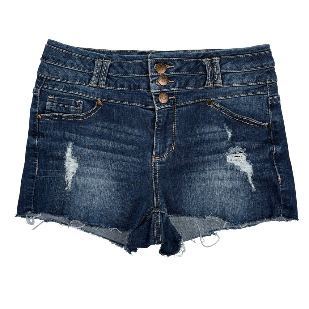 Blue Spice Y2K Denim Shorts 7/8 Mid Rise Distressed Cutoff Raw Hem 1.5" Festival